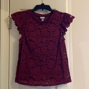 A New Day Maroon Cap Sleeve Lace Mesh Dress Top